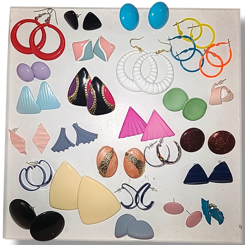 Vintage 80s 90s Earrings Lot 27 Pairs Colorful Enamel Metal Pierced Retro